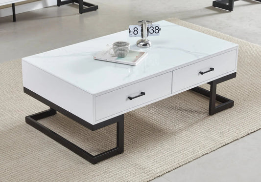 Table basse de salon noire finition marbre blanc | Veyra