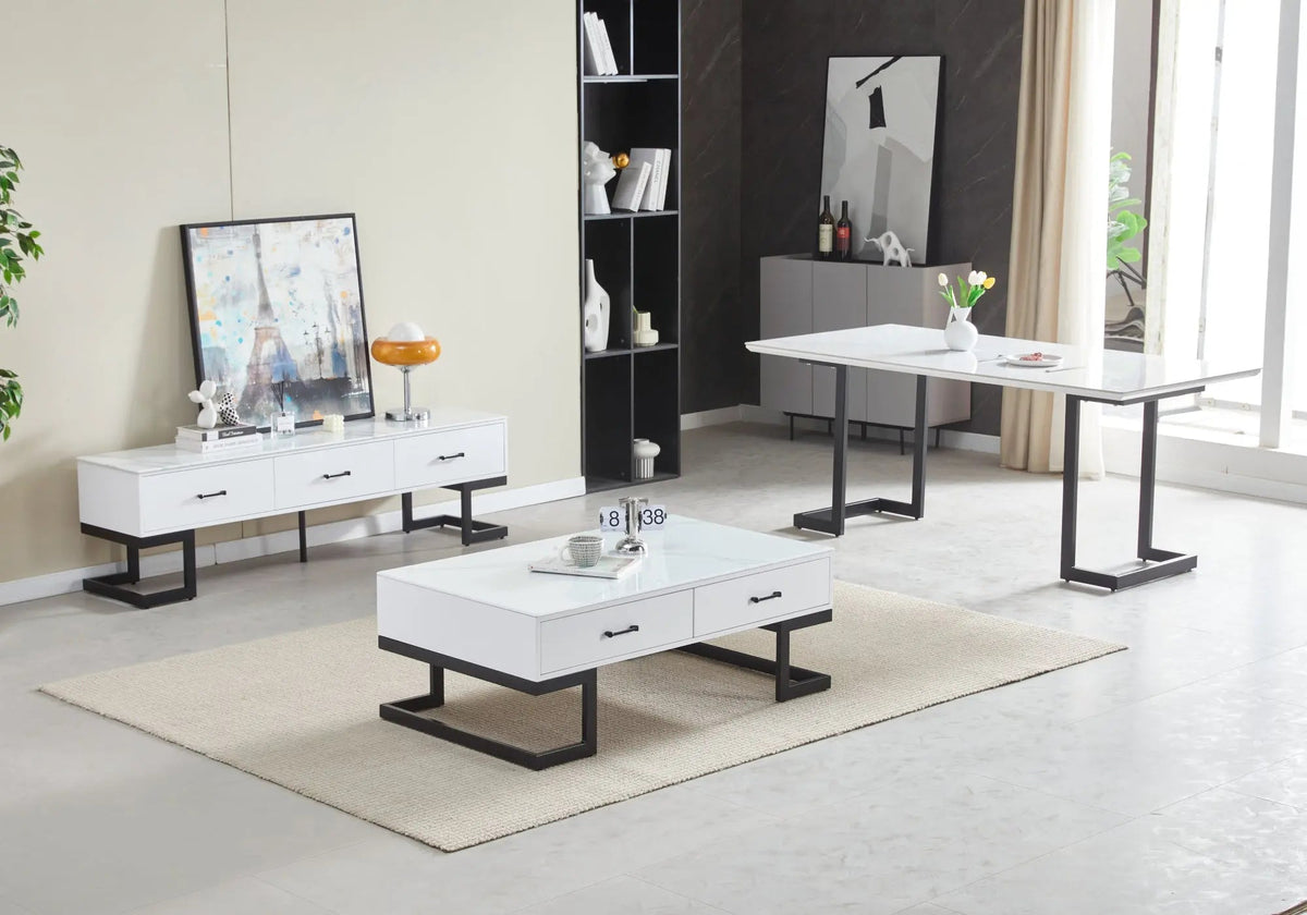 Table basse de salon noire finition marbre blanc | Veyra