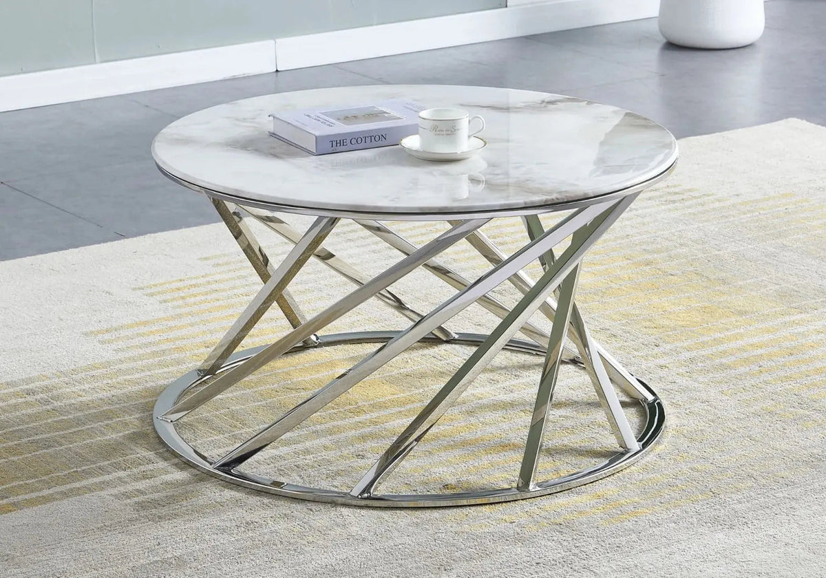 Table basse ronde marbre beige et pieds argentés | Kivox