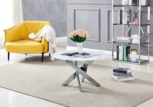 Table basse ronde marbre blanc et acier argenté | Koda