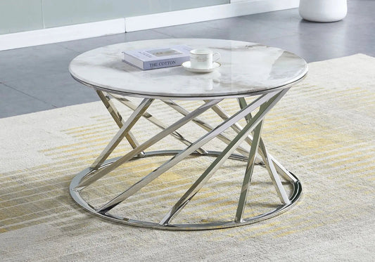 Table basse ronde marbre noir et métal argenté | Kivox