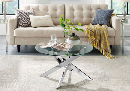 Table basse ronde argentée verre trempé et acier | Koda