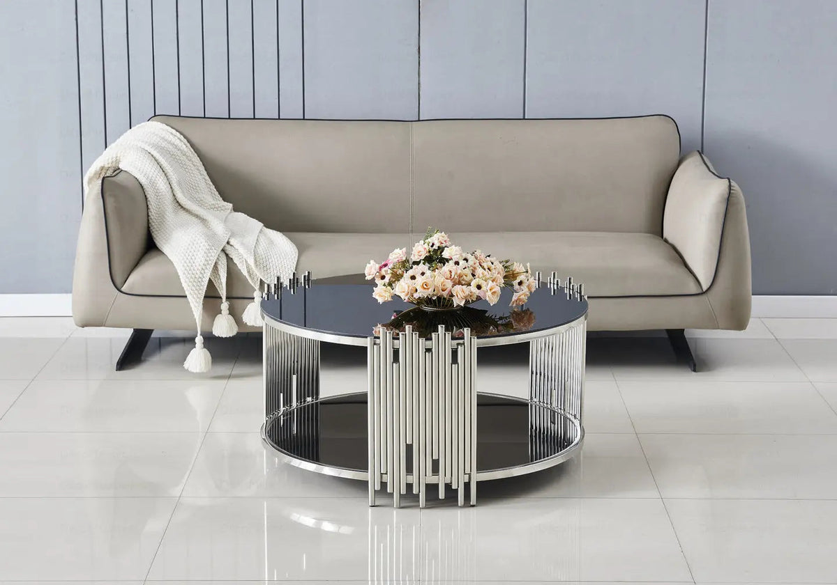 Table basse ronde verre et métal chromé noir | Zalys