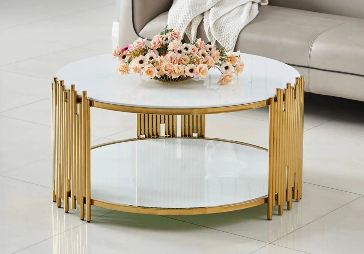 Table basse ronde dorée et blanche verre trempé | Zalys