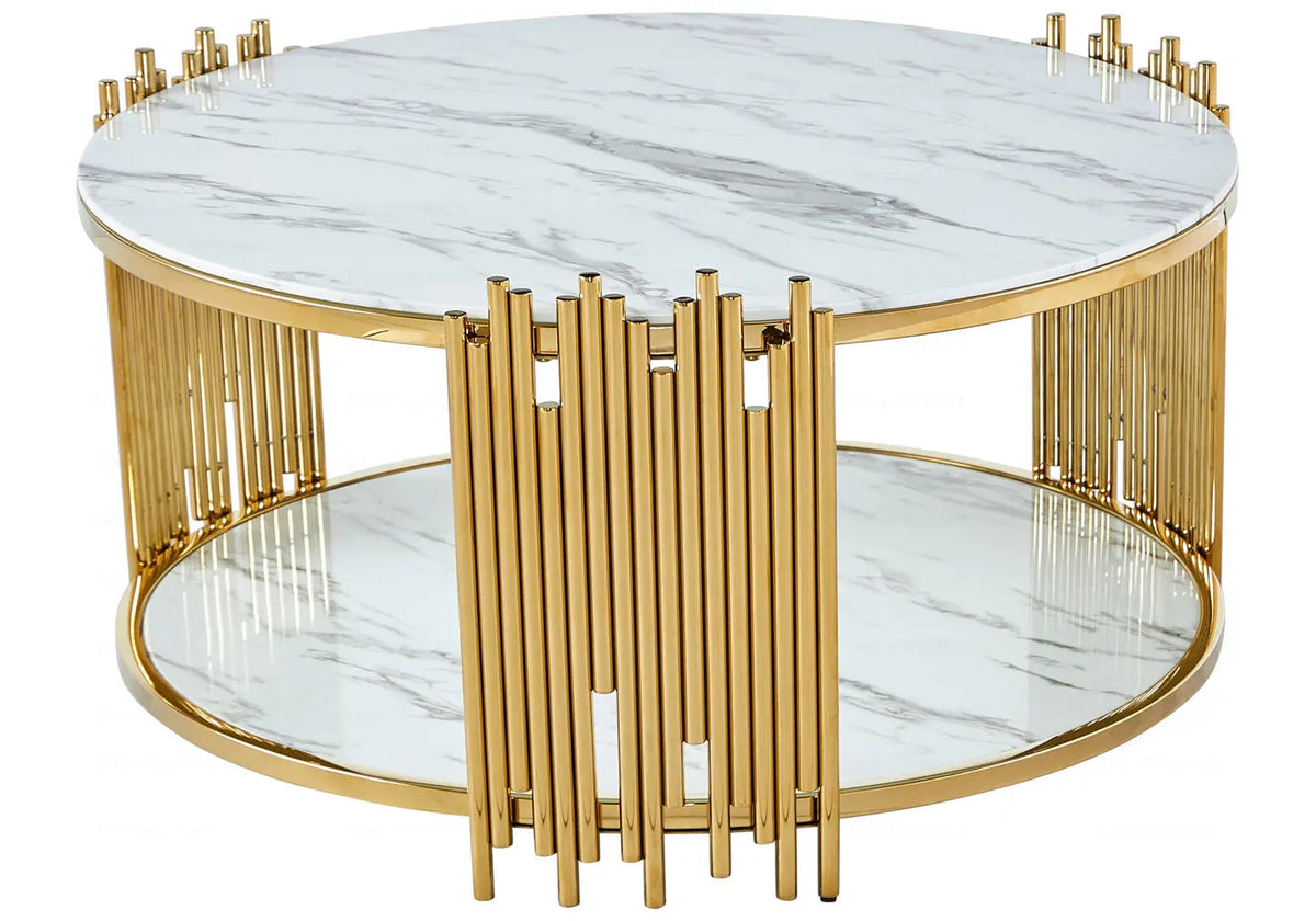 Table basse ronde dorée et marbre blanc de salon | Zalys
