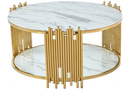 Table basse ronde dorée et marbre blanc de salon | Zalys