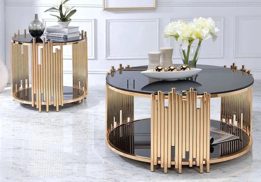 Table basse ronde dorée et noire verre trempé | Zalys