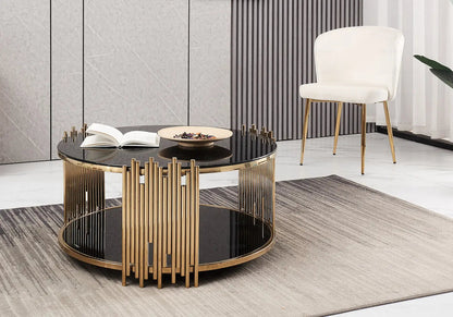 Table basse ronde dorée et noire verre trempé | Zalys