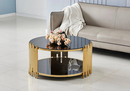 Table basse ronde dorée et noire verre trempé | Zalys