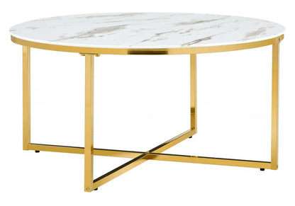 Table basse de salon ronde dorée marbre blanc | Zyra