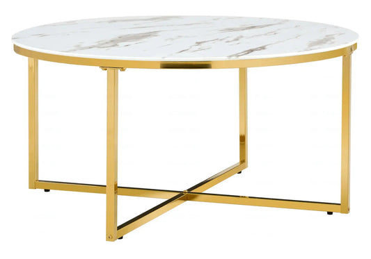 Table basse de salon ronde dorée marbre blanc | Zyra