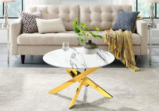 Table basse ronde marbre blanc et acier doré | Koda