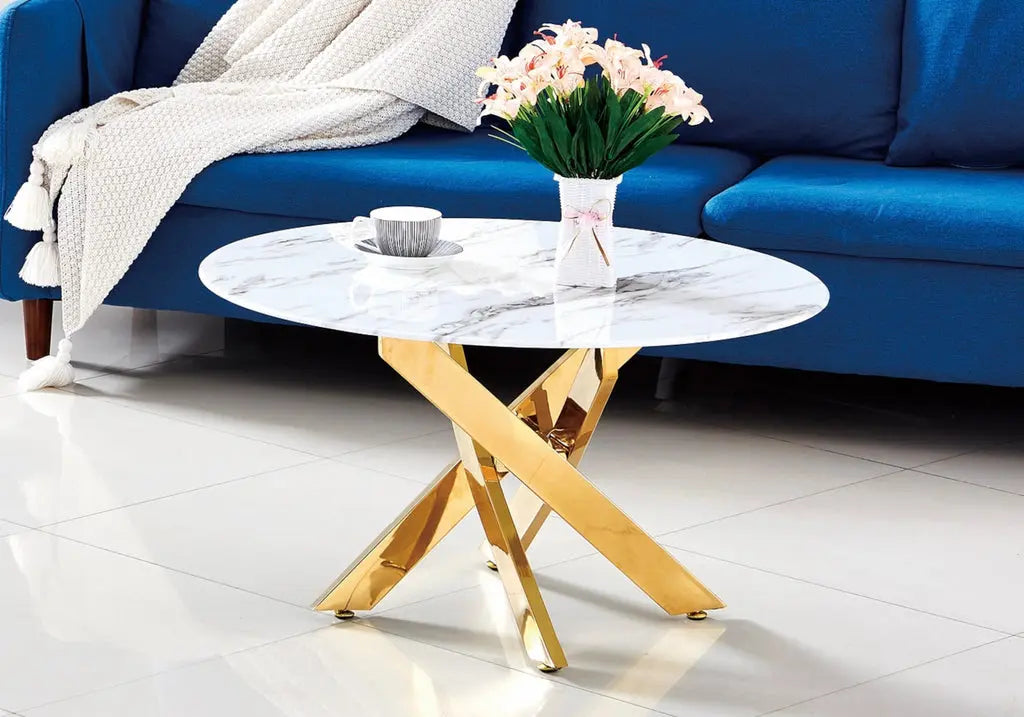 Table basse ronde marbre blanc et acier doré | Koda