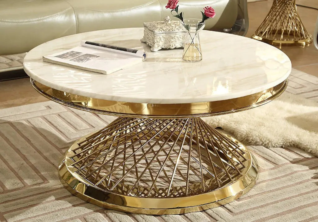 Table basse ronde marbre blanc et structure dorée | Cael