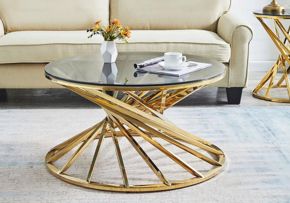 Table basse ronde moderne verre trempé doré | Kroma