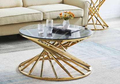 Table basse ronde moderne verre trempé doré | Kroma