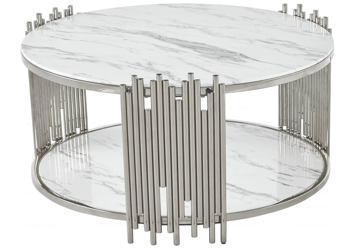 Table basse ronde marbre blanc et métal chromé | Zalys