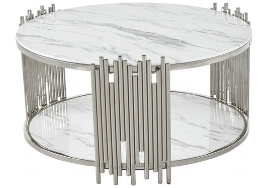 Table basse ronde marbre blanc et métal chromé | Zalys