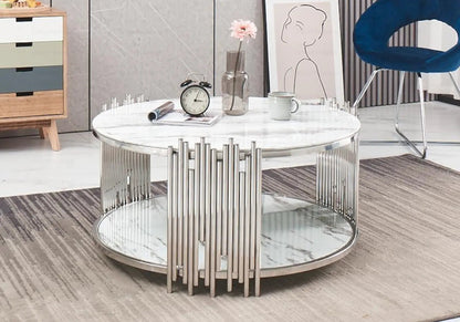 Table basse ronde marbre blanc et métal chromé | Zalys