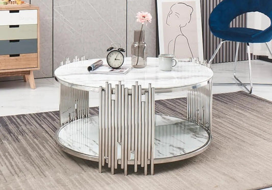 Table basse ronde marbre blanc et métal chromé | Zalys