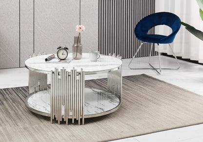 Table basse ronde marbre blanc et métal chromé | Zalys