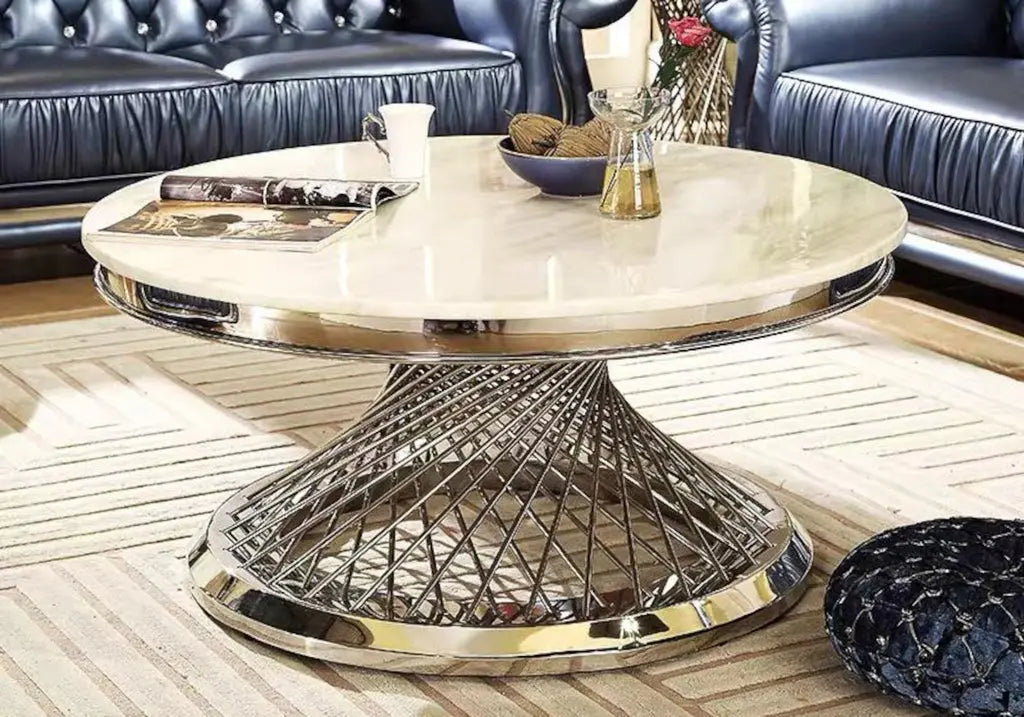 Table basse ronde finition marbre blanc et métal | Cael