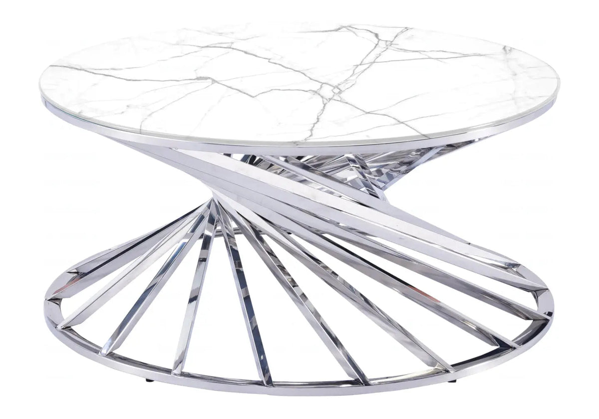 Table basse ronde design marbre blanc et argent | Kroma