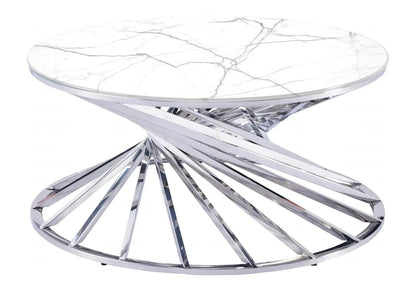 Table basse ronde design marbre blanc et argent | Kroma