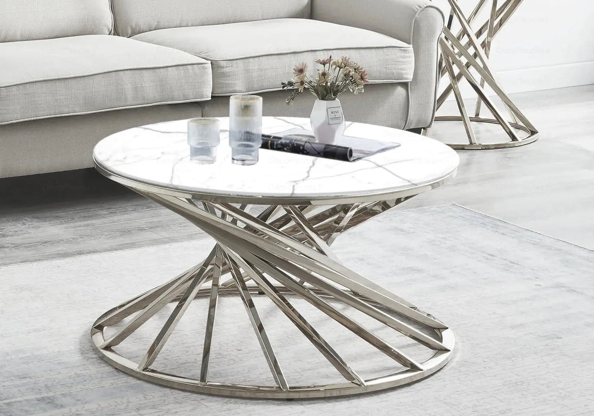 Table basse ronde design marbre blanc et argent | Kroma