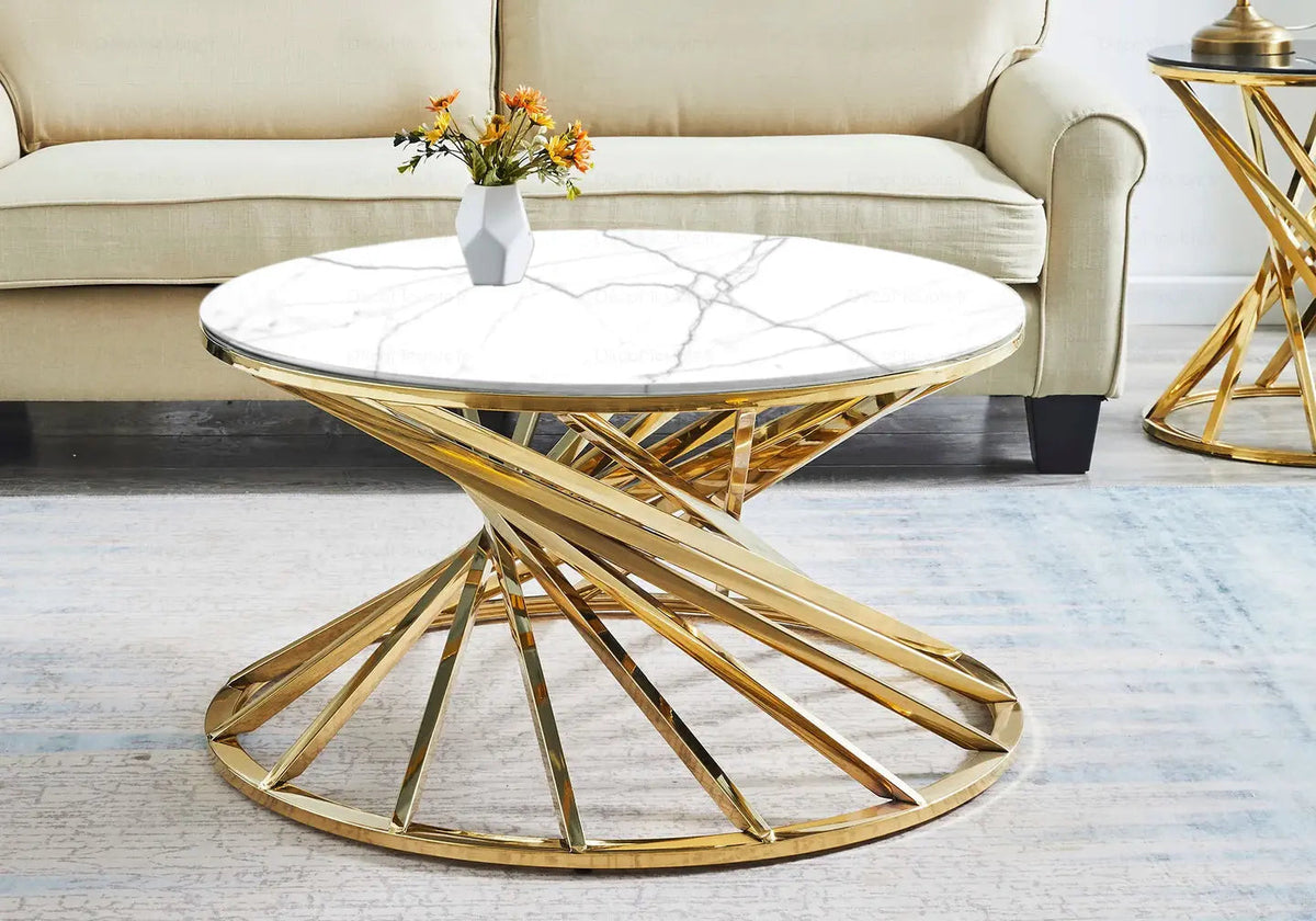 Table basse ronde effet marbre blanc et doré | Kroma