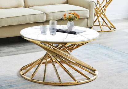 Table basse ronde effet marbre blanc et doré | Kroma