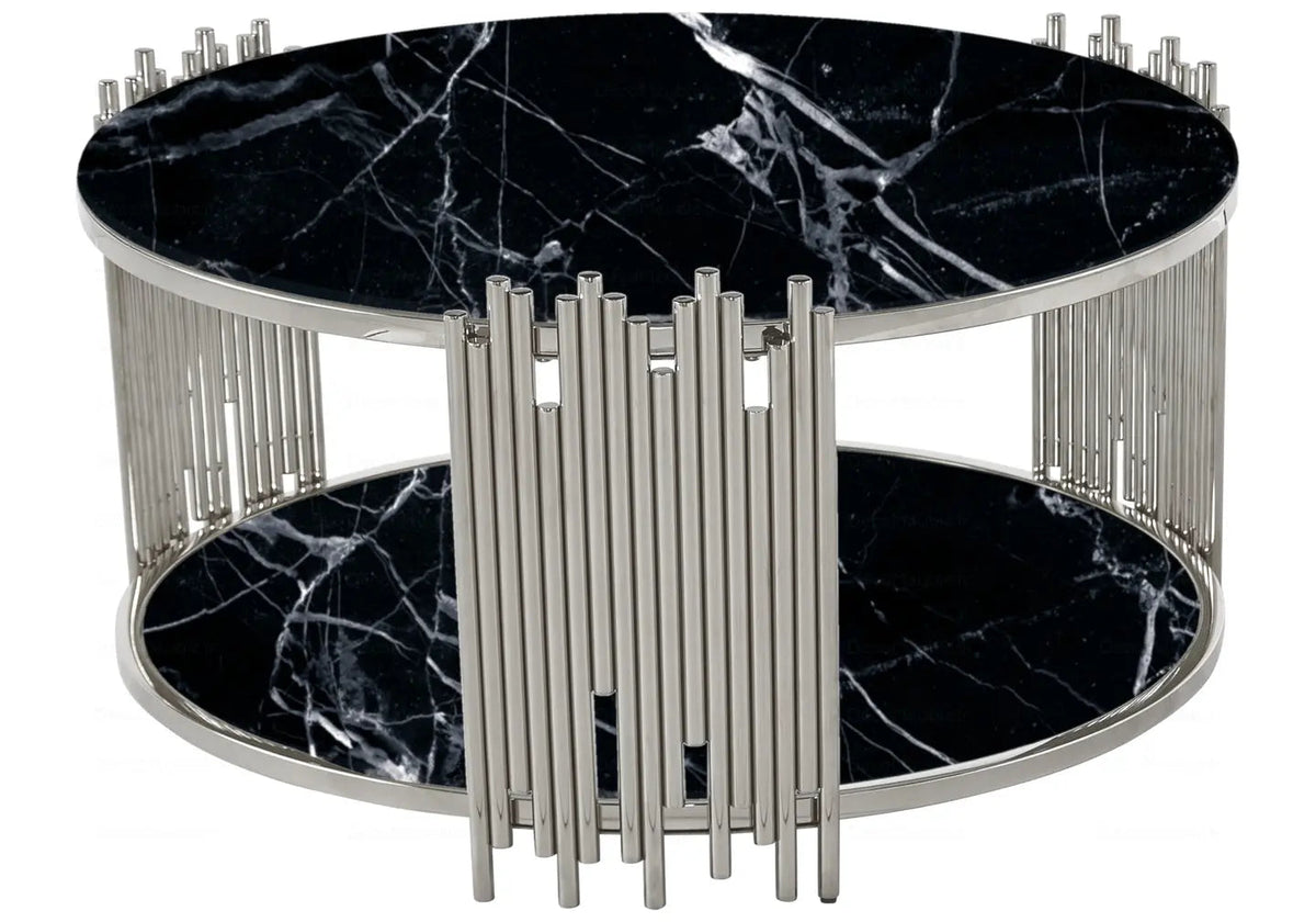 Table basse ronde marbre noir et métal chromé | Zalys