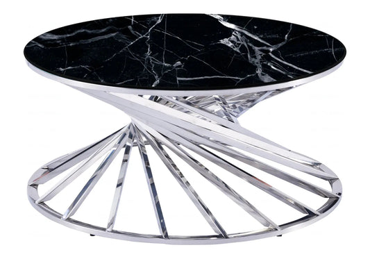 Table basse ronde effet marbre noir et argent | Kroma
