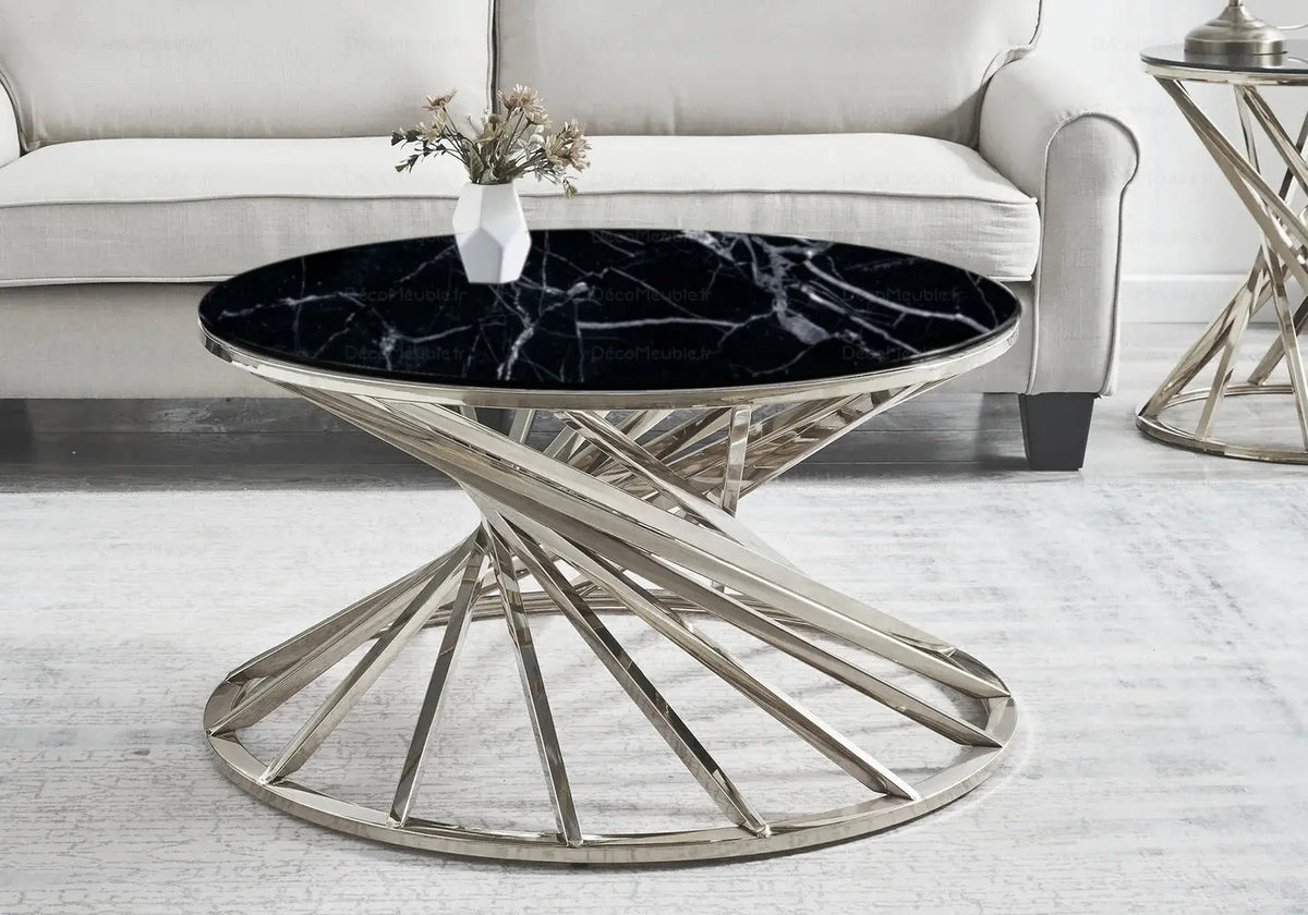 Table basse ronde effet marbre noir et argent | Kroma