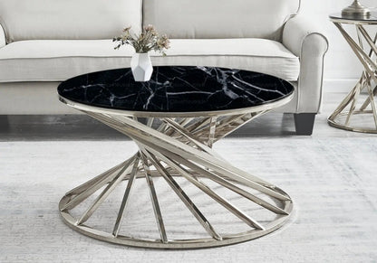 Table basse ronde effet marbre noir et argent | Kroma
