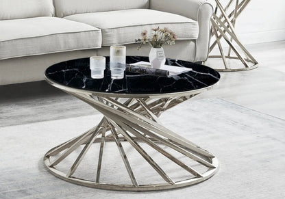 Table basse ronde effet marbre noir et argent | Kroma
