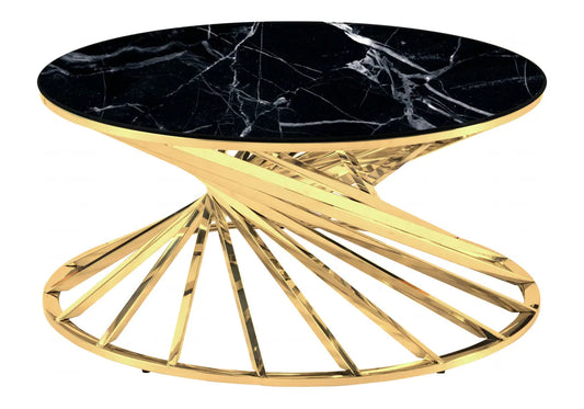 Table basse ronde effet marbre noir et métal doré | Kroma