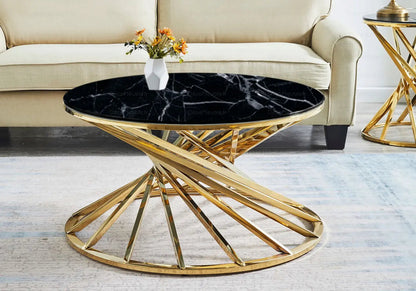 Table basse ronde effet marbre noir et métal doré | Kroma