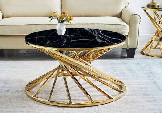 Table basse ronde effet marbre noir et métal doré | Kroma