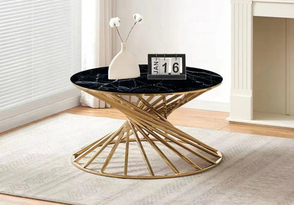 Table basse ronde effet marbre noir et métal doré | Kroma