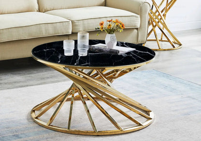 Table basse ronde effet marbre noir et métal doré | Kroma