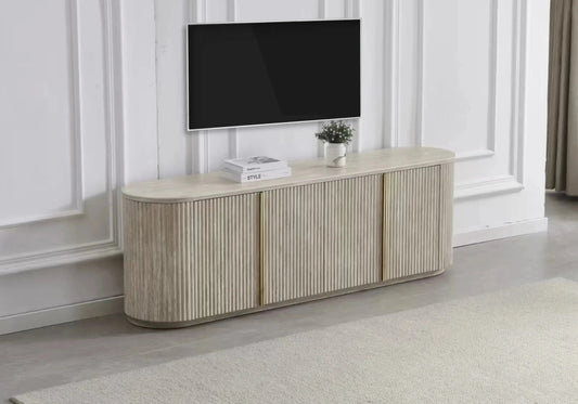 Meuble tv design ovale effet travertin cannelé | Zylo