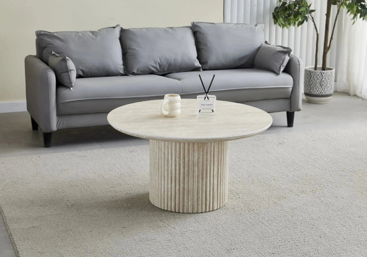 Table basse ronde en céramique effet travertin | Zylo
