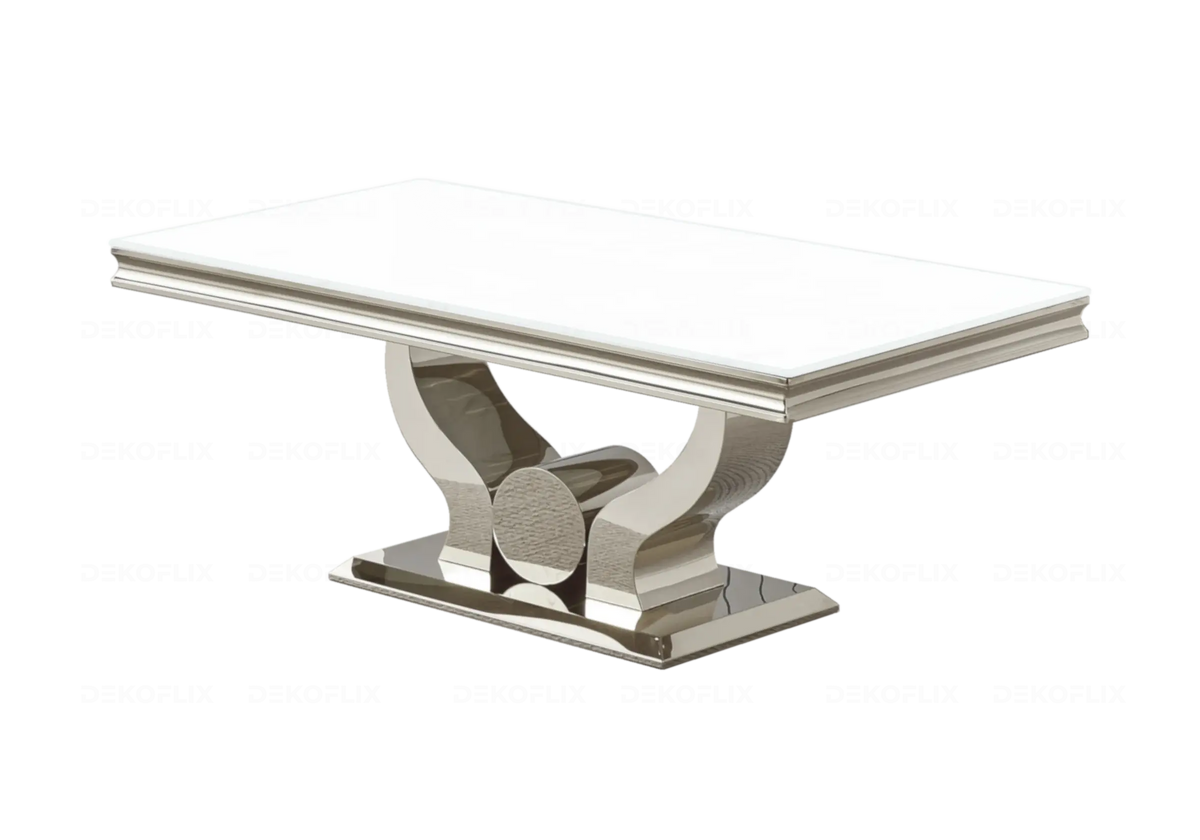 Table basse moderne verre blanc et acier argenté | Juno