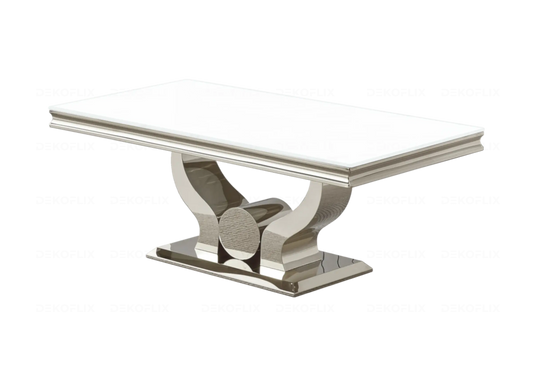 Table basse moderne verre blanc et acier argenté | Juno