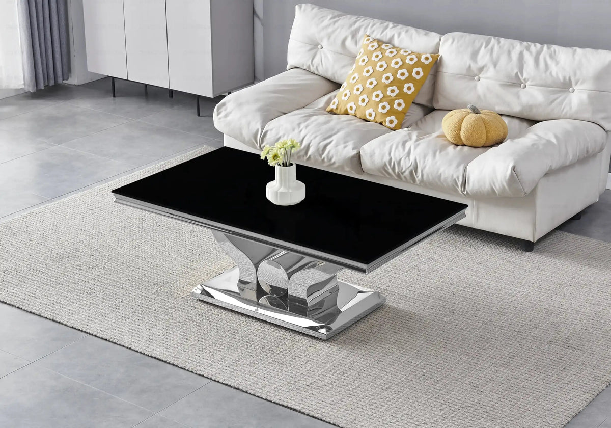Table basse design verre noir et acier chromé | Juno