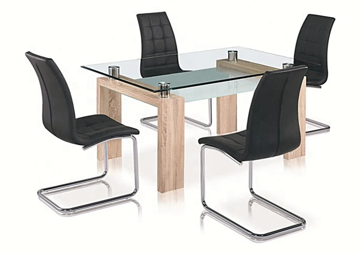 Table à manger chêne et verre avec 6 chaises noires | Elora