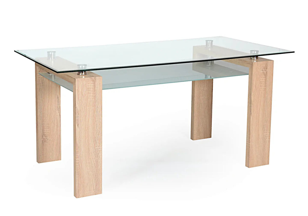 Table à manger chêne et verre avec 6 chaises noires | Elora