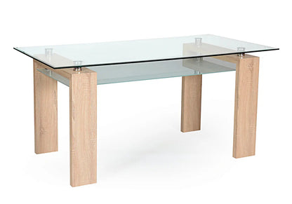 Table à manger chêne et verre avec 6 chaises noires | Elora