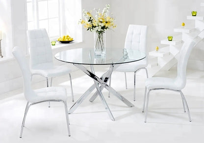 Ensemble table ronde chromée et 6 chaises blanches | Mona